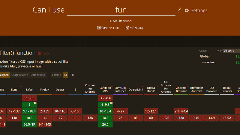 Screenshot of Can I Use